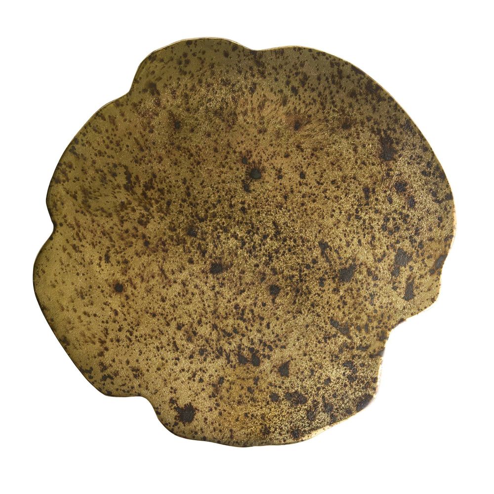 Round, textured metal object with a brown speckled pattern on a white background