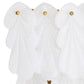 Set of three white bath towels with gold hooks on a white background