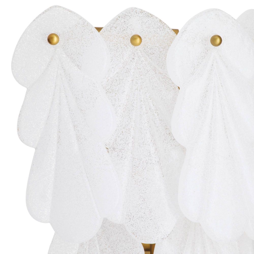 Set of three white bath towels with gold hooks on a white background