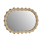 Round mirror with a wooden frame and black spherical accents on a white background