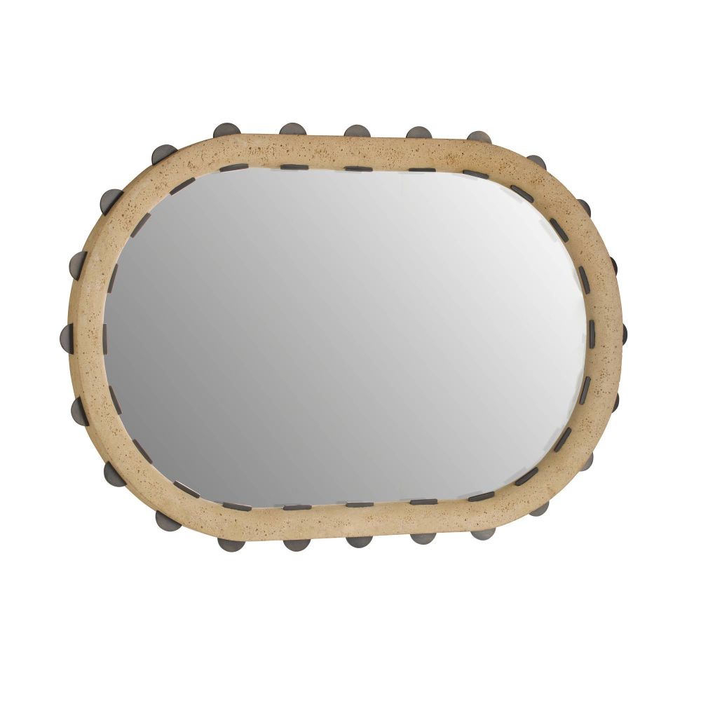 Round mirror with a wooden frame and black spherical accents on a white background