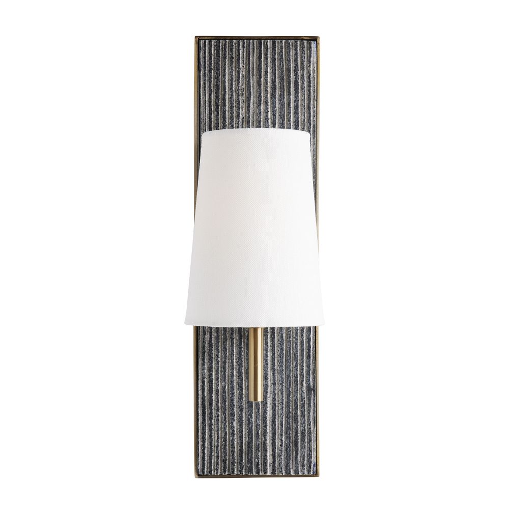 Decorative wall sconce with a textured black frame and white shade on a white background