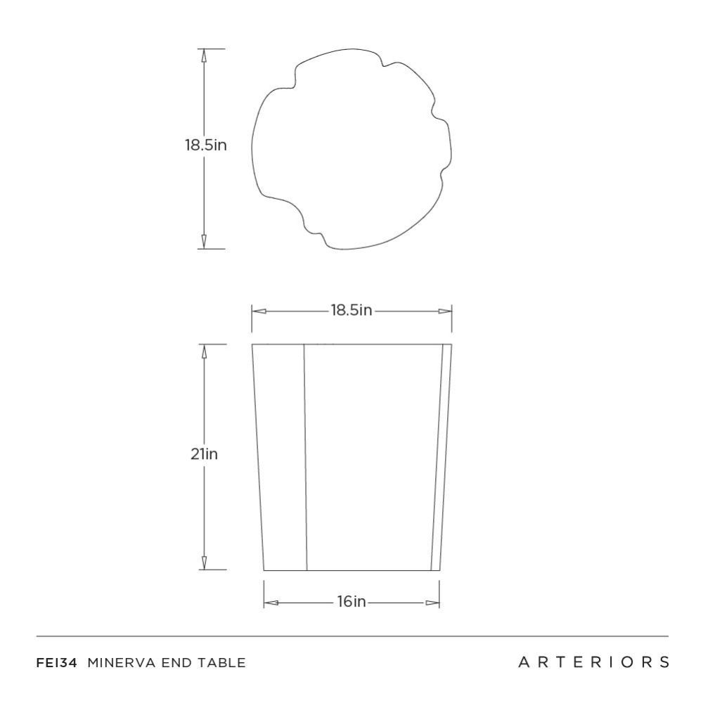 Technical drawing of a Minerva end table with dimensions and Arteriors branding.