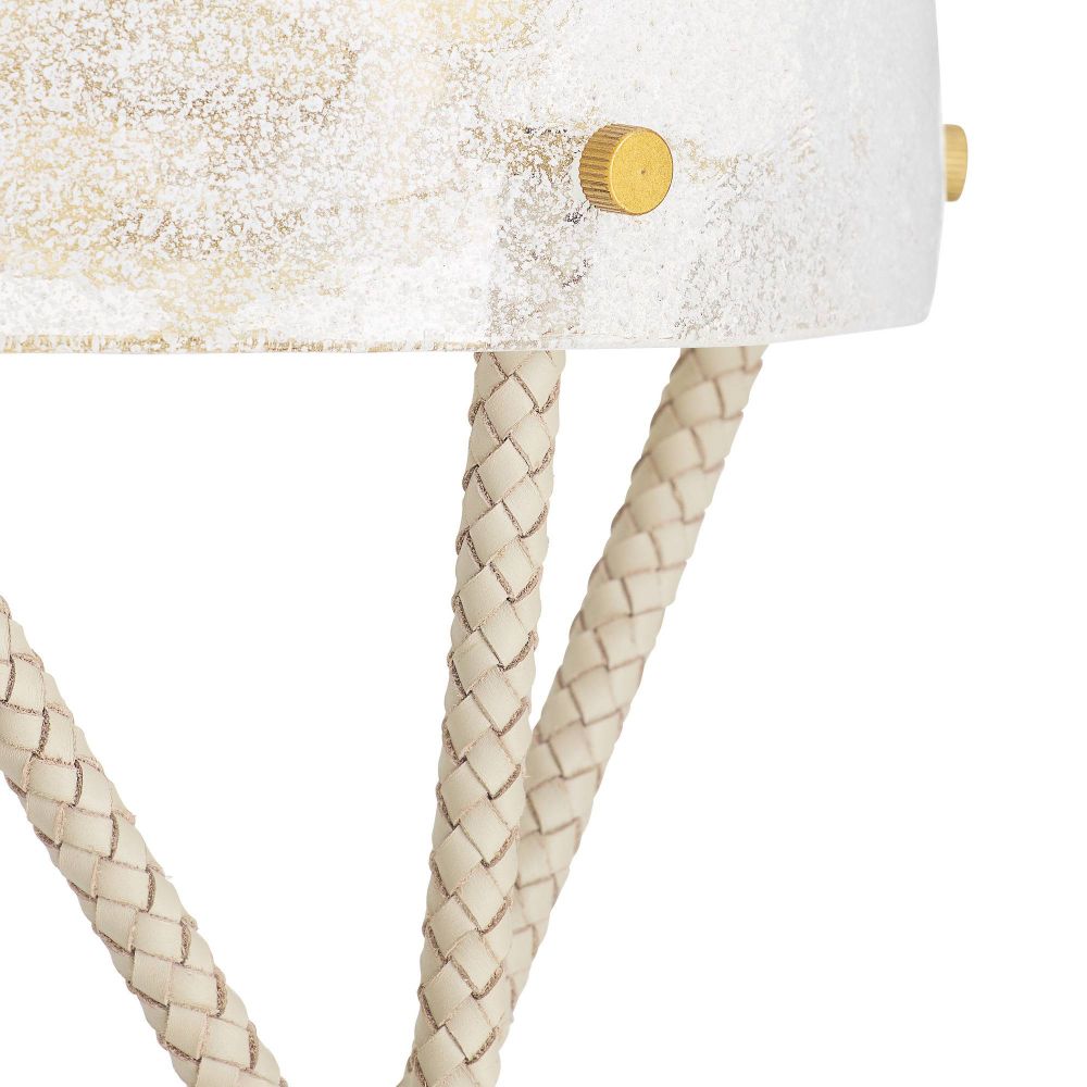 Close-up of a lamp with braided beige cord and textured white shade on a white background