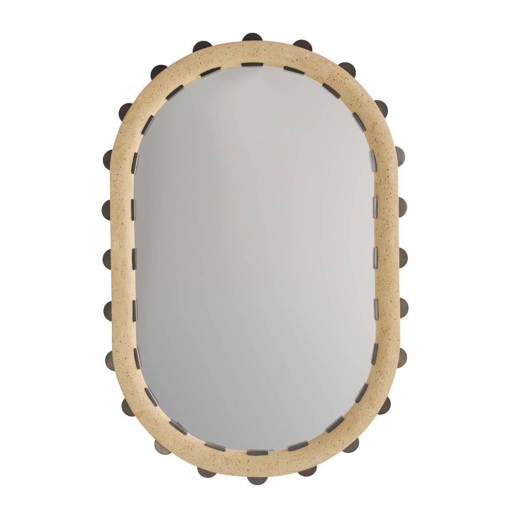 Round mirror with a beige frame and black decorative elements on a white background