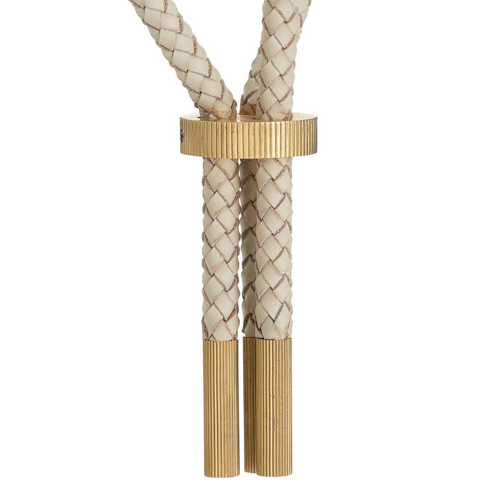 Braided beige cord with gold metal clip on a white background