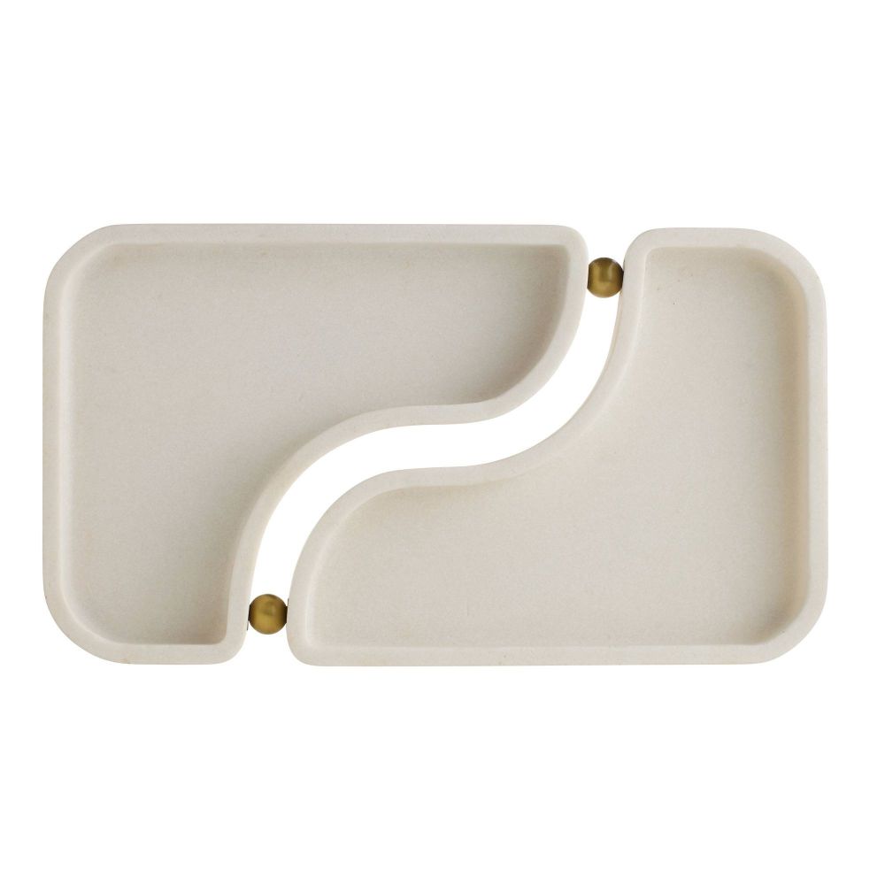 Beige U-shaped tray with gold accents on a white background