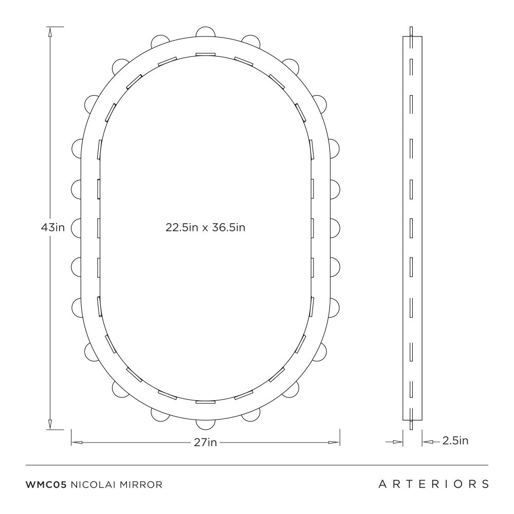 Technical drawing of an oval mirror with dimensions labeled, featuring the brand 'Arteriors'.
