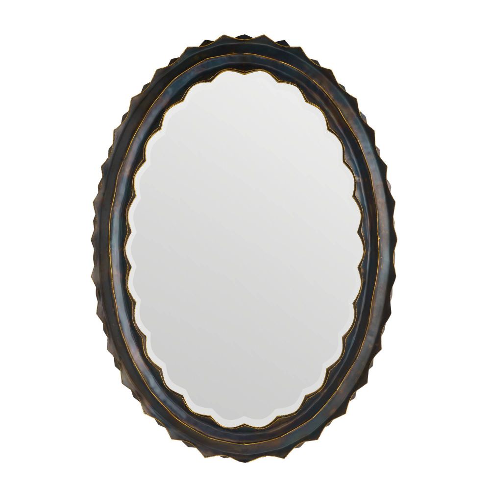 Oval mirror with decorative black frame on a white background