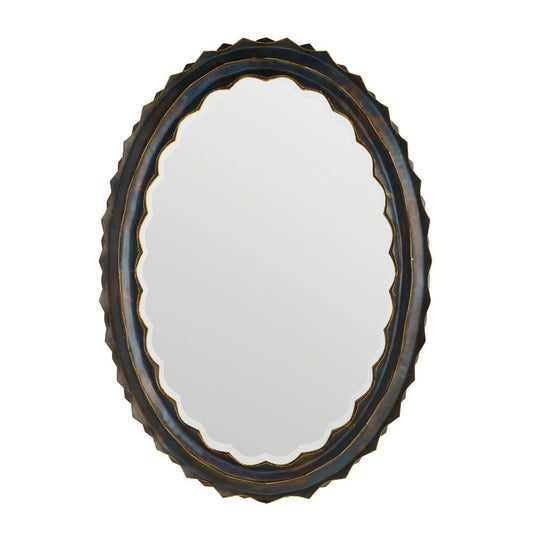 Oval mirror with decorative black frame on a white background