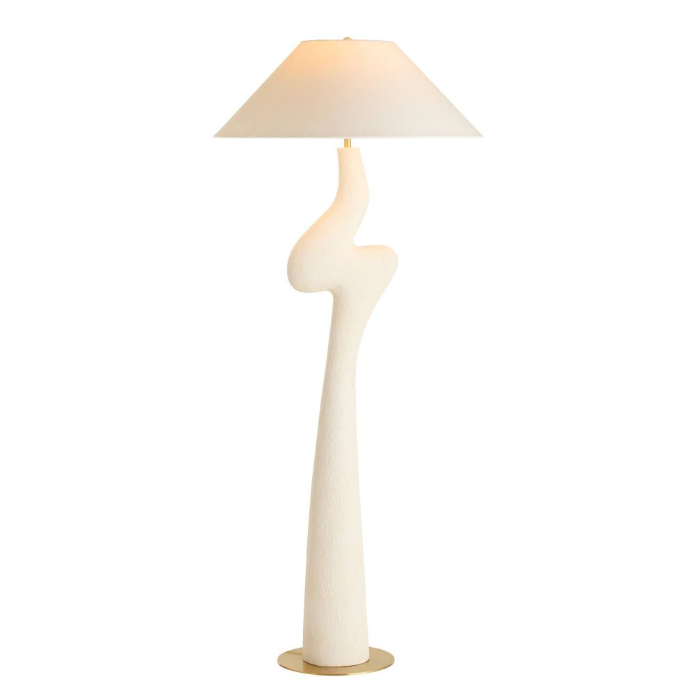 Decorative floor lamp with a white base and beige shade on a white background