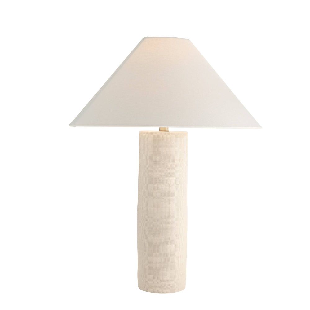 Table lamp with a white shade and base on a white background