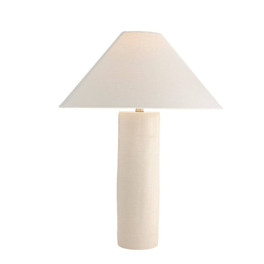 Table lamp with a white shade and base on a white background