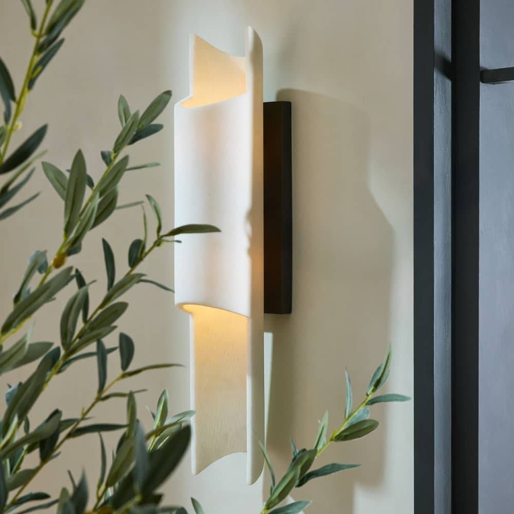Wall-mounted light fixture with a plant in the foreground