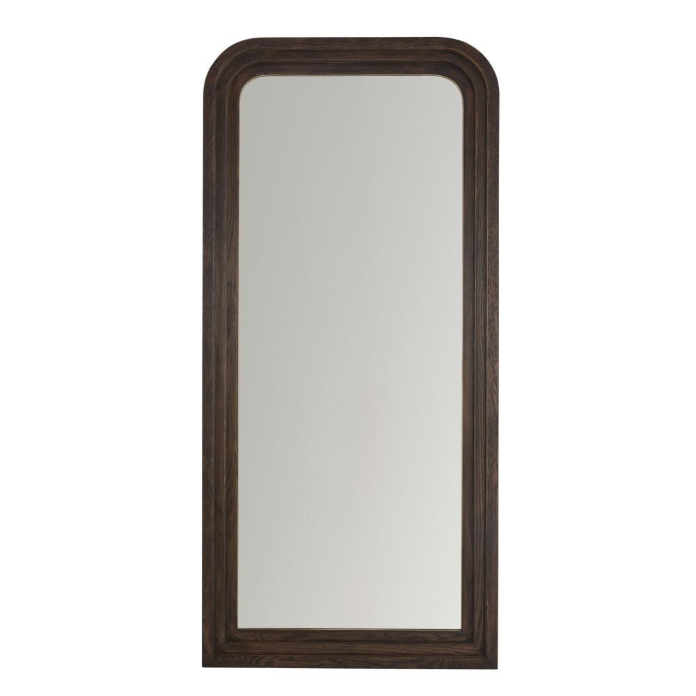 Rectangular mirror with a dark wood frame on a white background