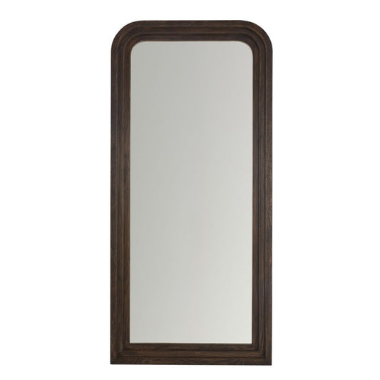 Rectangular mirror with a dark wood frame on a white background