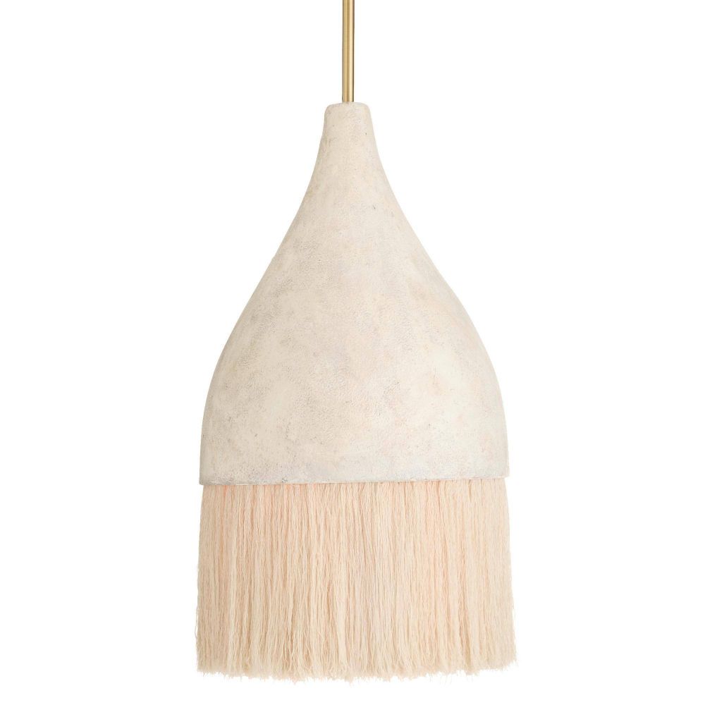Pendant light with white shade and beige fringe on a white background