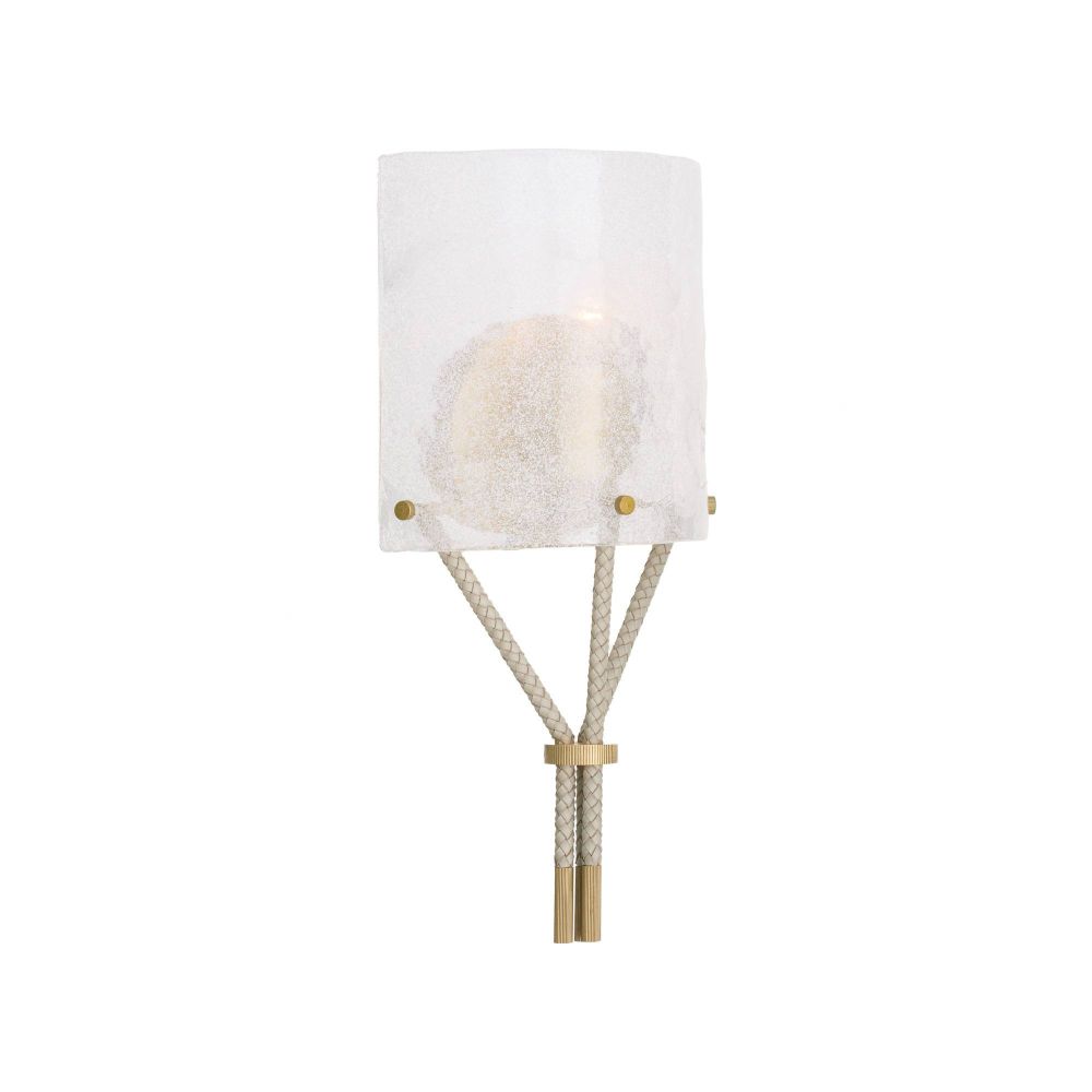 Wall sconce with white shade and gold accents on a white background