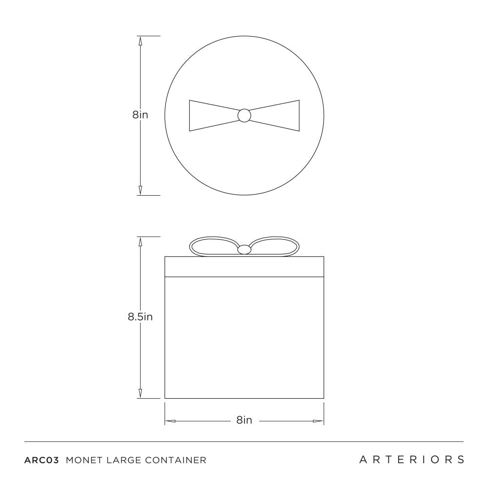 Measurement chart for a large container with a bow design, featuring dimensions and brand name.