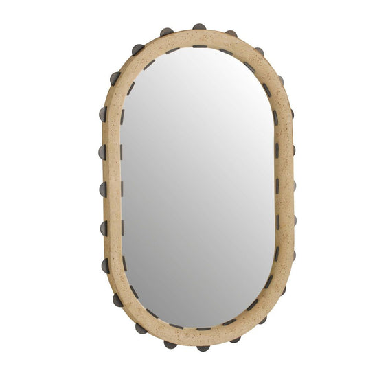 Round mirror with a beige frame and black accents on a white background