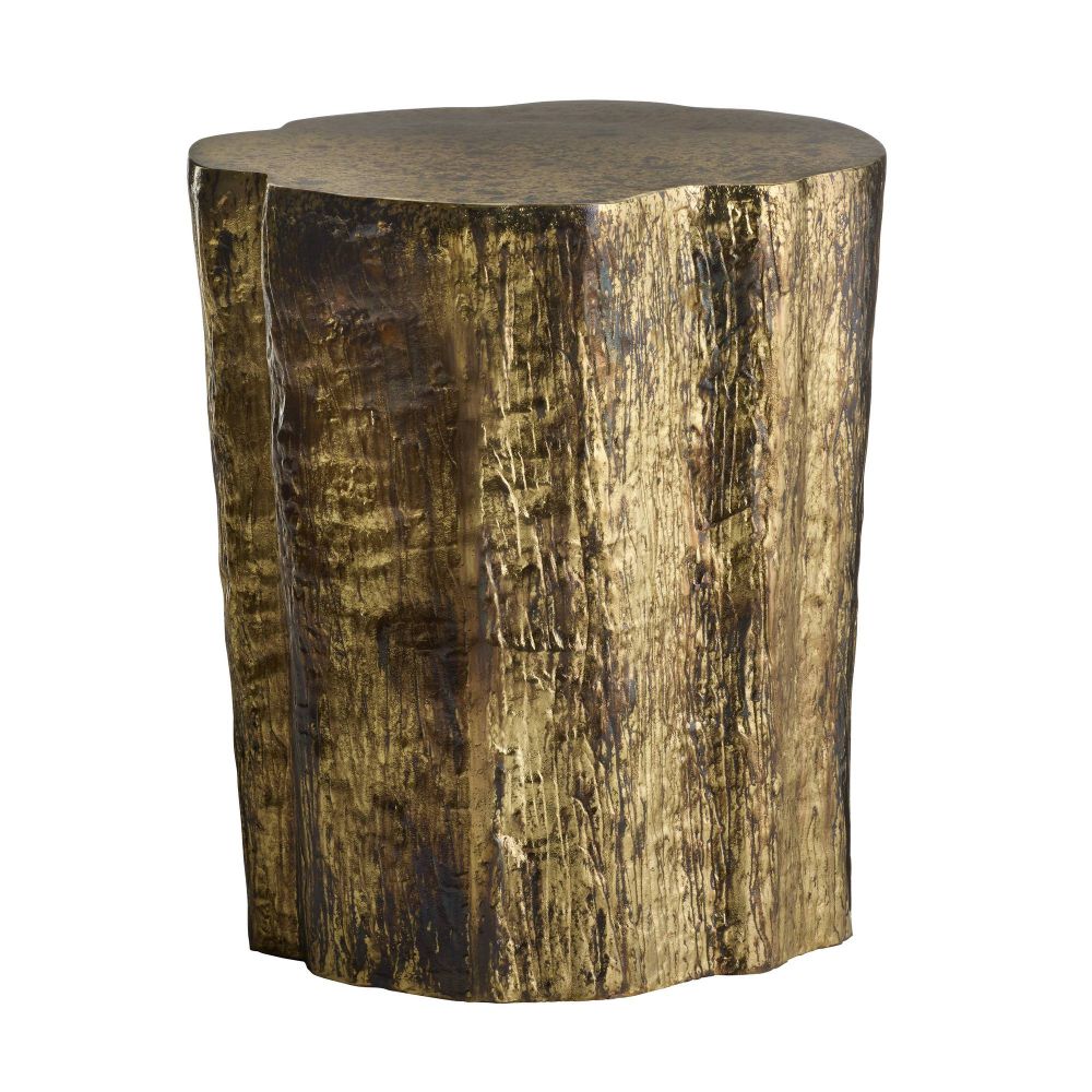 Wooden stool with a natural bark texture on a white background