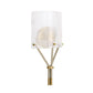 Decorative wall lamp with white shade, gold accents, and textured base on a white background