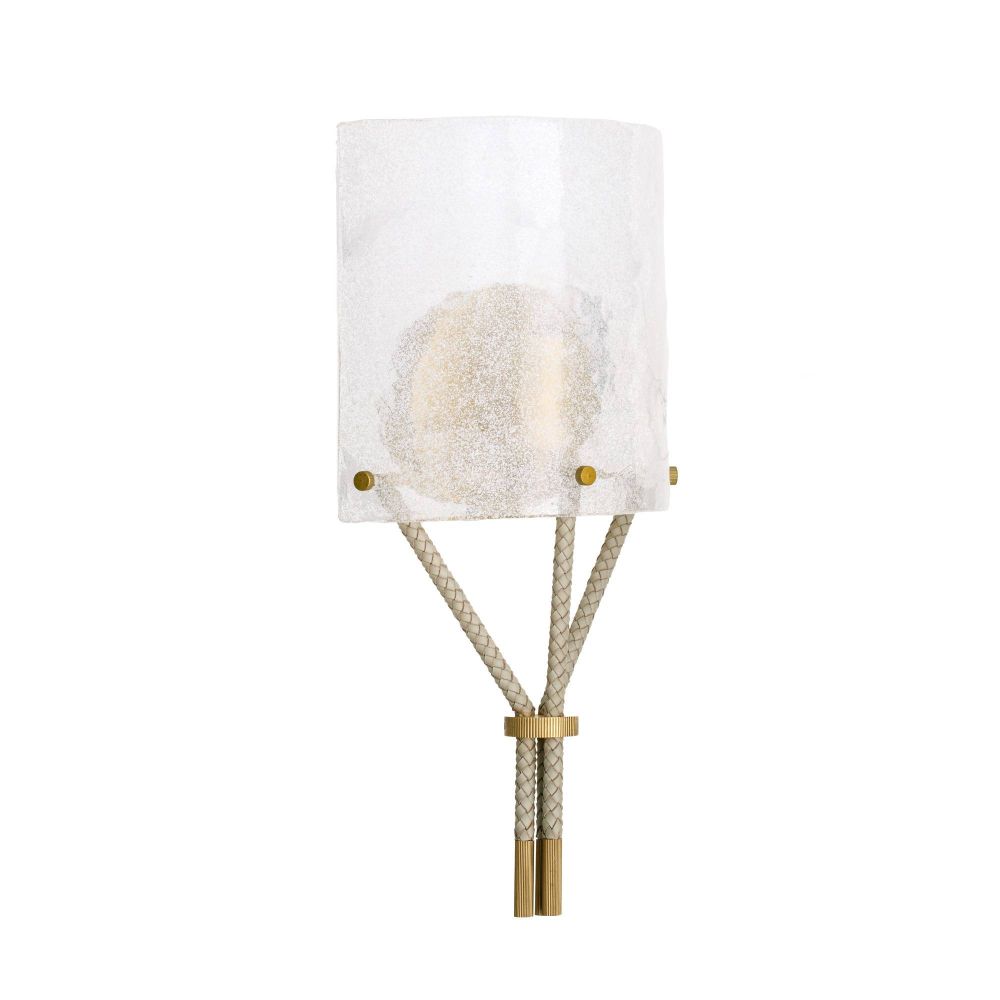 Decorative wall lamp with white shade, gold accents, and textured base on a white background
