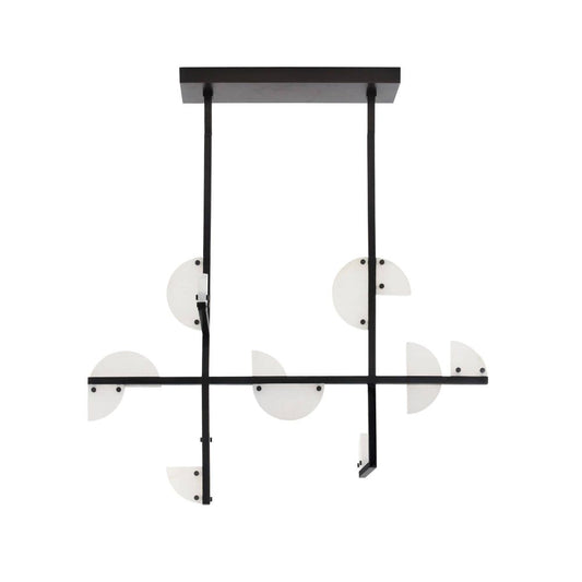 Modern ceiling light fixture with black frame and white circular shades on a white background