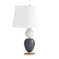 Table lamp with a gray base, white shade, and marble accent on a white background