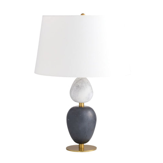 Table lamp with a gray base, white shade, and marble accent on a white background