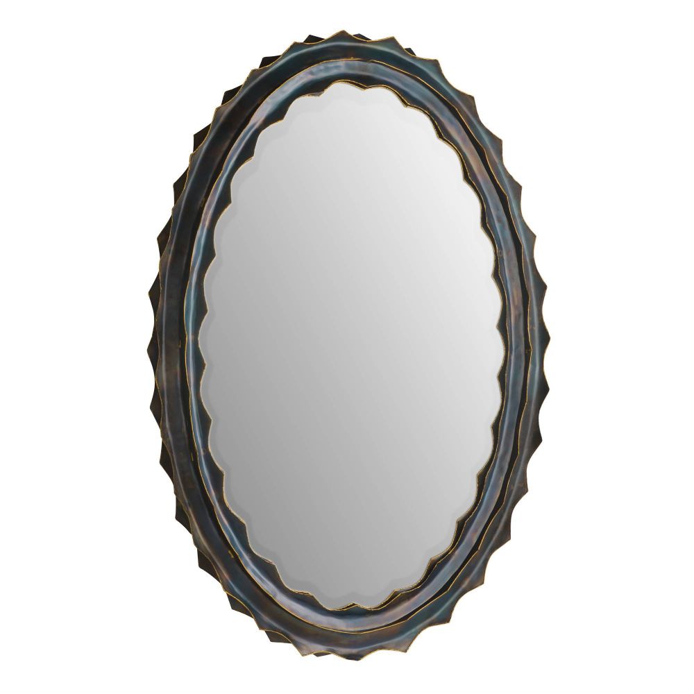 Decorative oval mirror with a textured frame on a white background