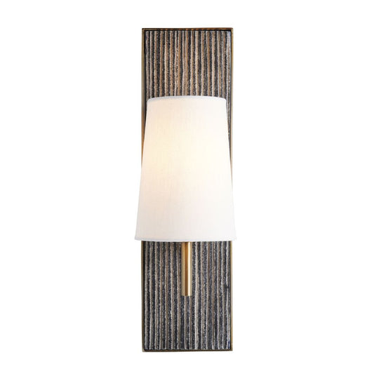 Wall sconce with textured square shade and white lampshade on a white background