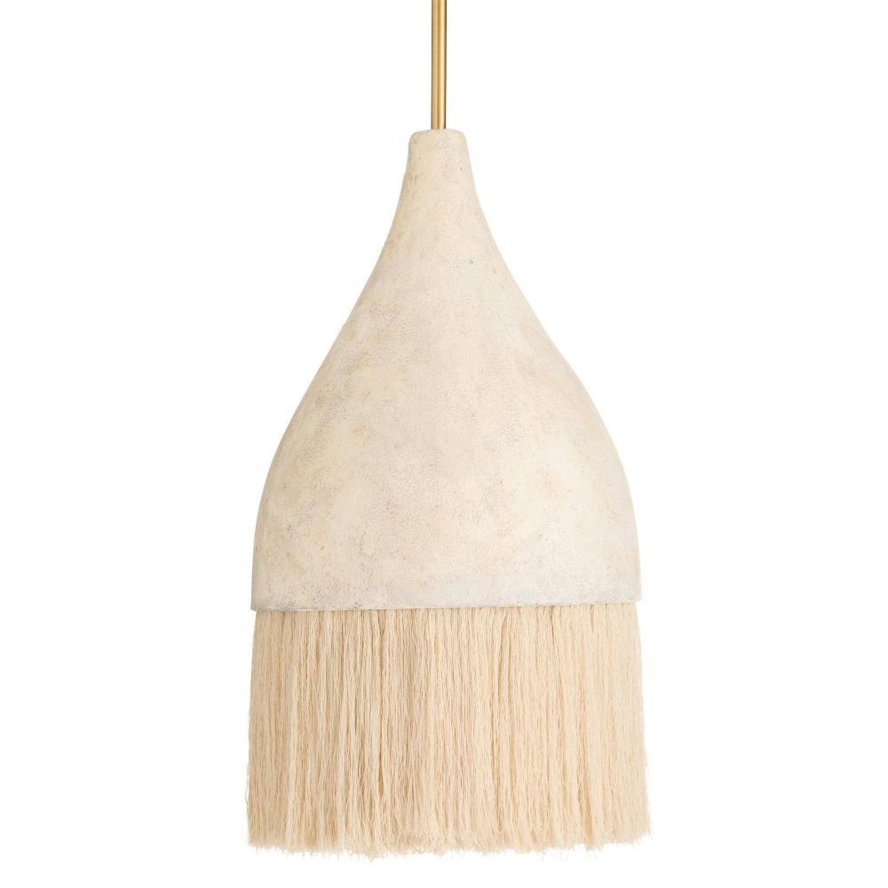 Pendant light with cream-colored shade and gold fixture on a white background