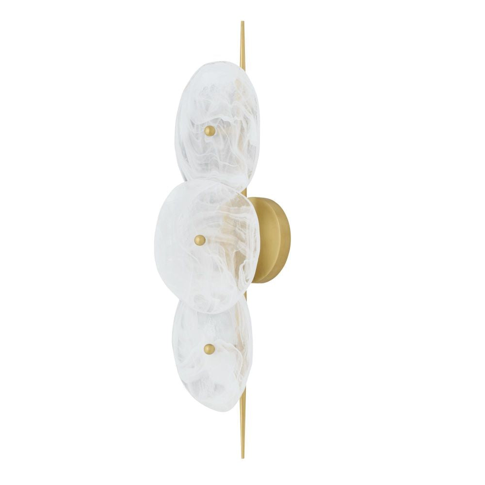 Decorative wall light fixture with marble-like finish and gold accents on a white background