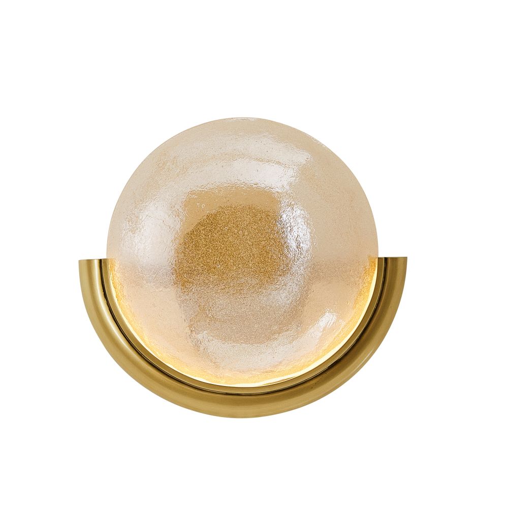Decorative wall sconce with a glass shade and gold metal frame on a white background