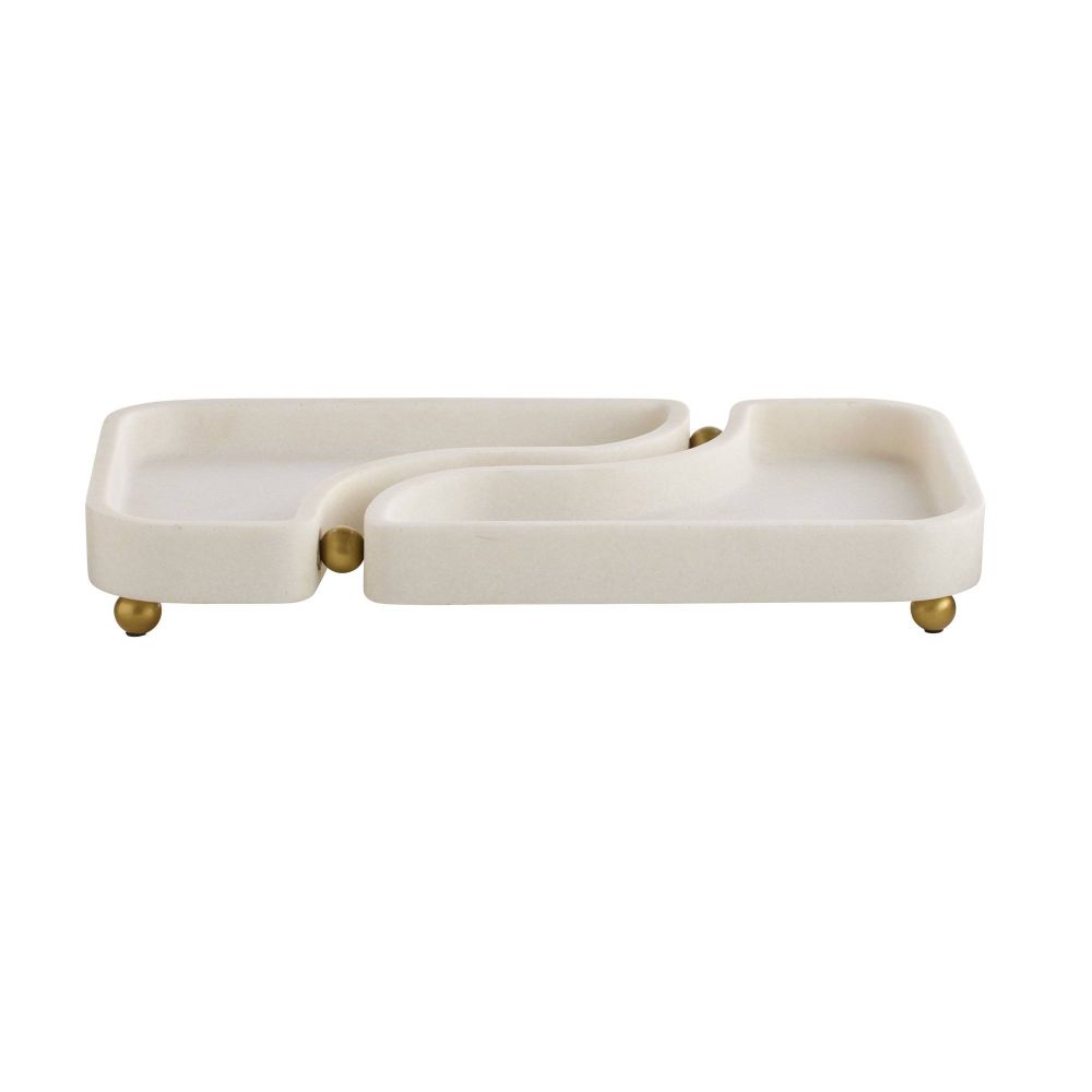 White ceramic tray with gold accents on a white background