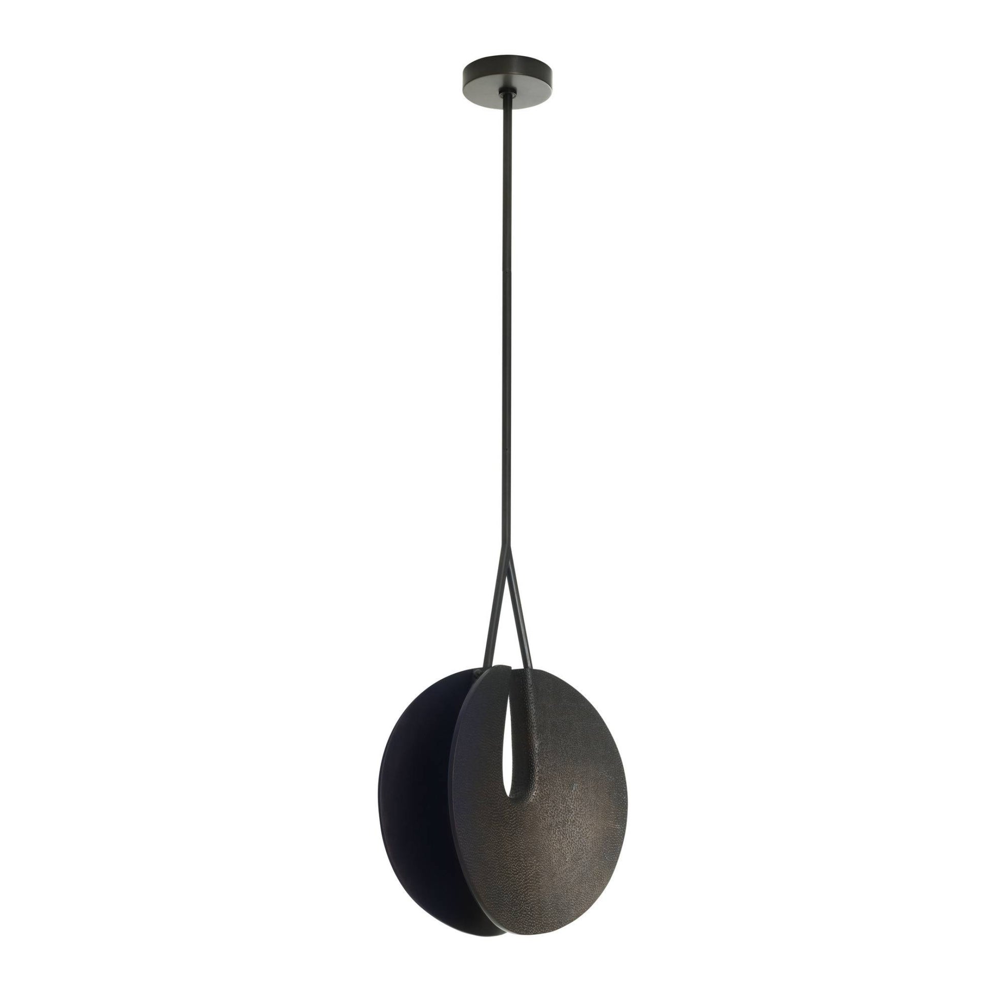 Modern pendant light with black concrete-like shade on a white background