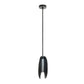Black pendant light with a white shade on a white background