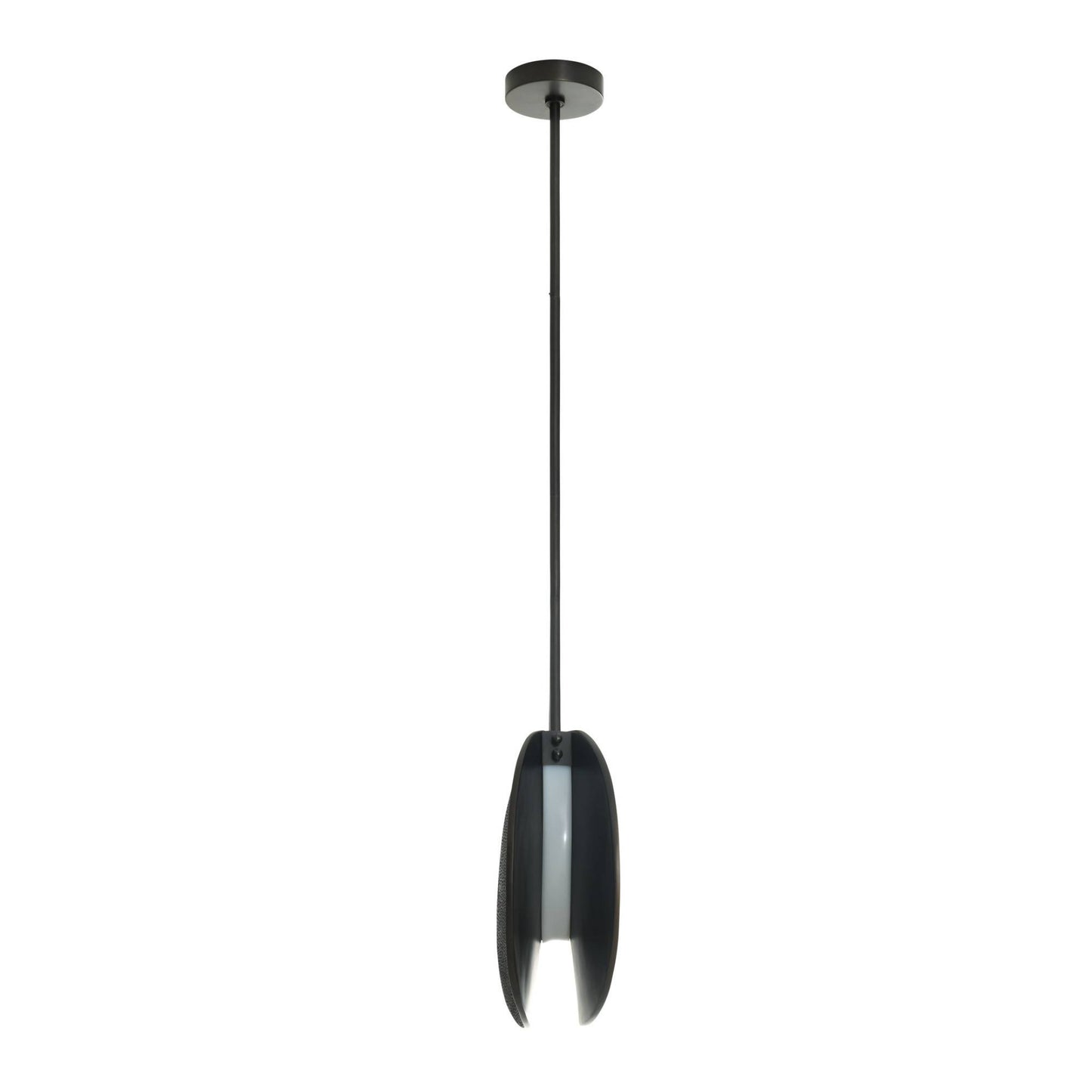 Black pendant light with a white shade on a white background