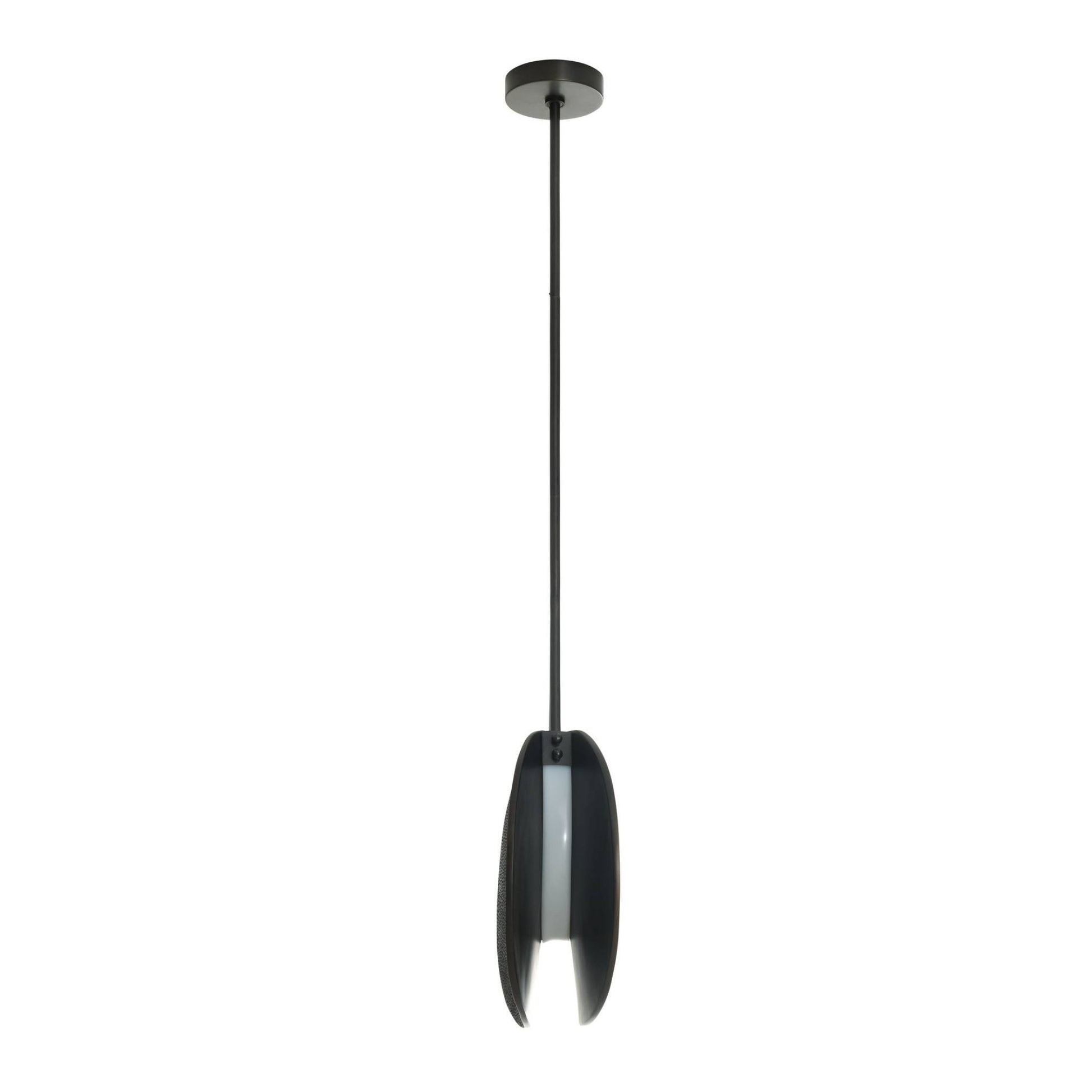 Black pendant light with a white shade on a white background
