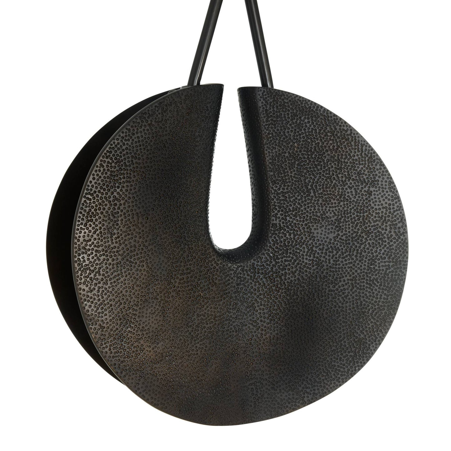 Black textured circular pendant on a white background