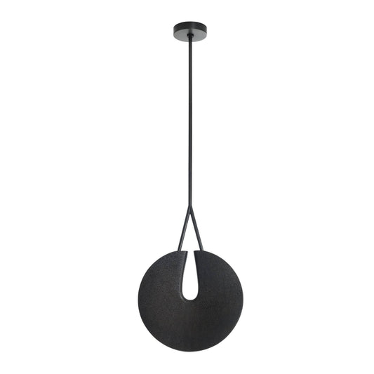 Black pendant light with a white bulb on a white background