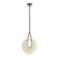 Pendant light with white shade and black hanging cord on a white background