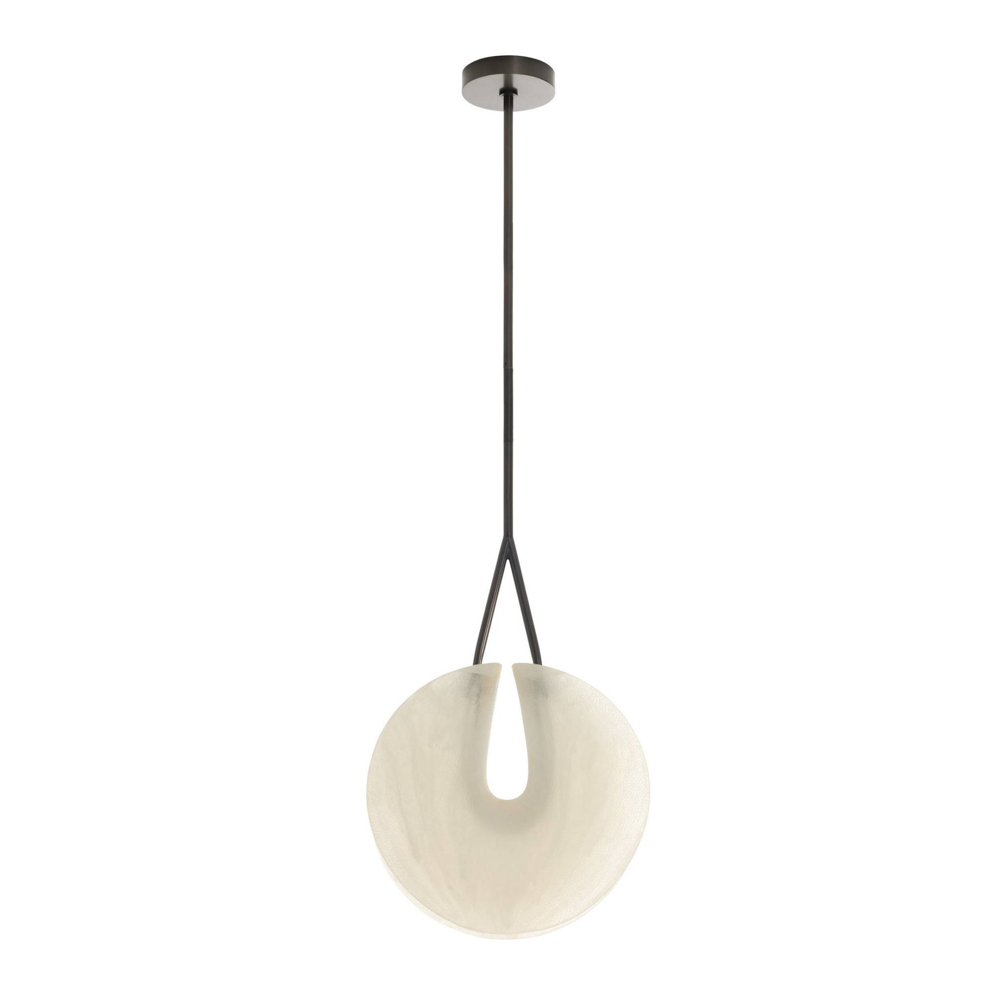 Pendant light with white shade and black hanging cord on a white background