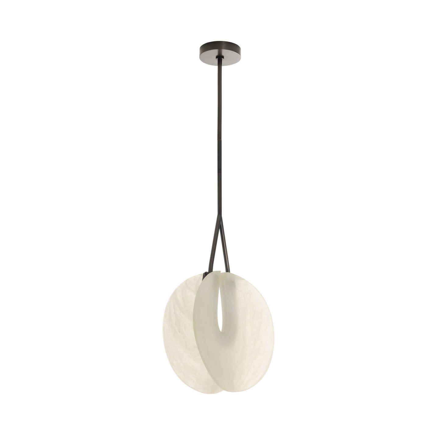 Modern pendant light with white shade and black fixture on a white background
