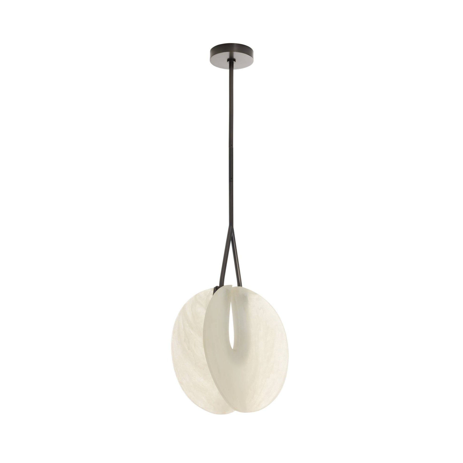 Modern pendant light with white shade and black fixture on a white background