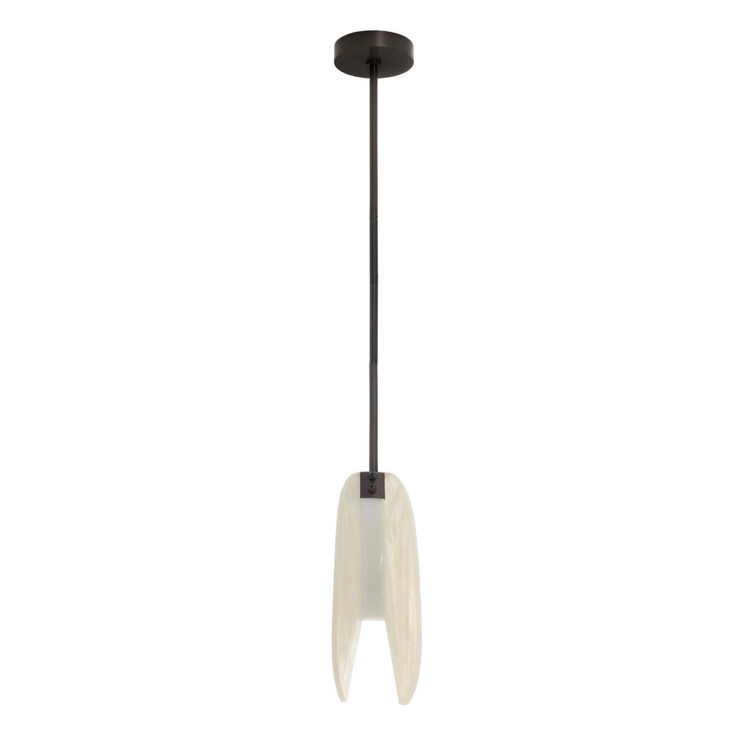 Pendant light with white shade and black fixture on a white background