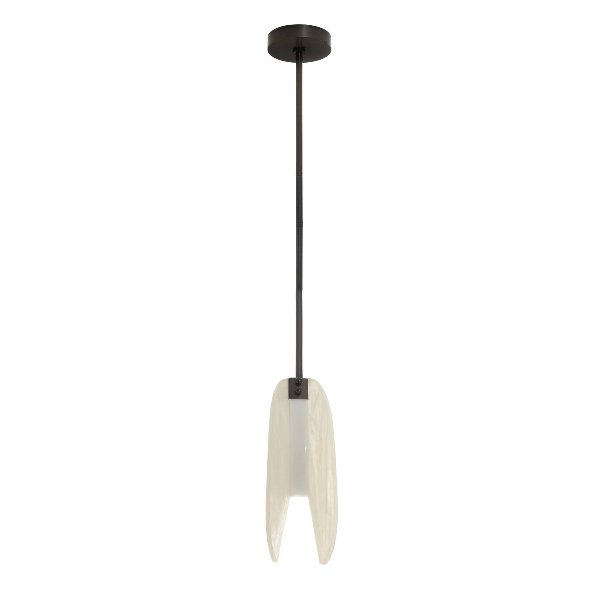 Pendant light with white shade and black fixture on a white background