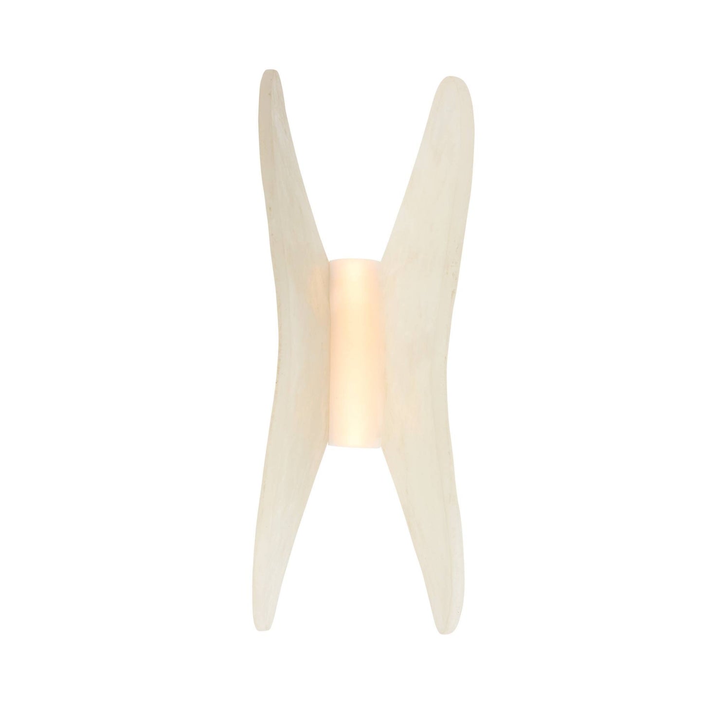 Modern wall light fixture with a white, butterfly-like design on a white background