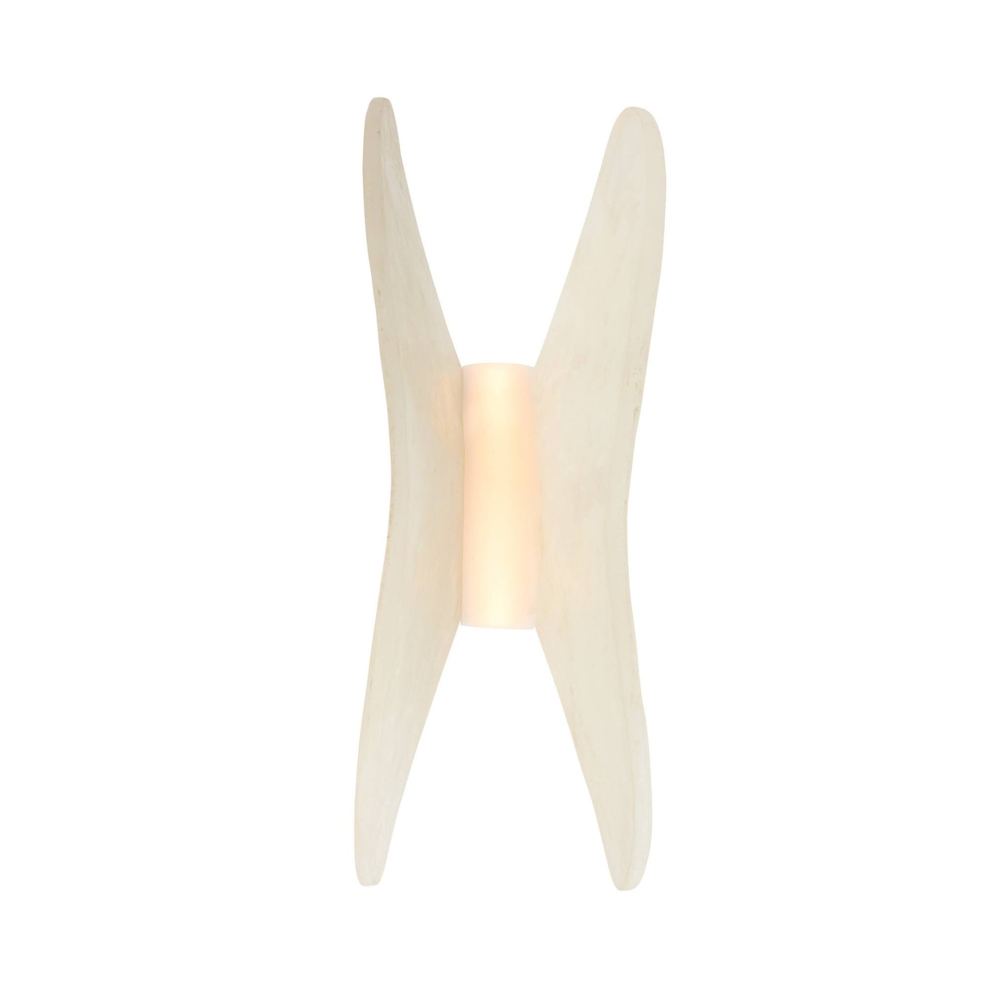 Modern wall light fixture with a white, butterfly-like design on a white background